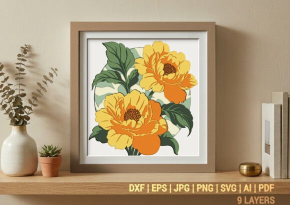 Elegant Yellow Peony Floral Shadow Box: A 3D SVG Design for Lush Editorial Visuals