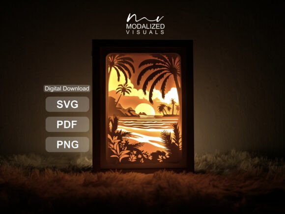 Seaside Landscape Paper Cut Lightbox: A 3D SVG Shadow Box for Coastal Design Projects