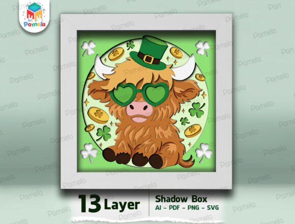 St Patrick Highland Cow Shadow Box SVG: A 3D SVG for Saint Patrick’s Day Content